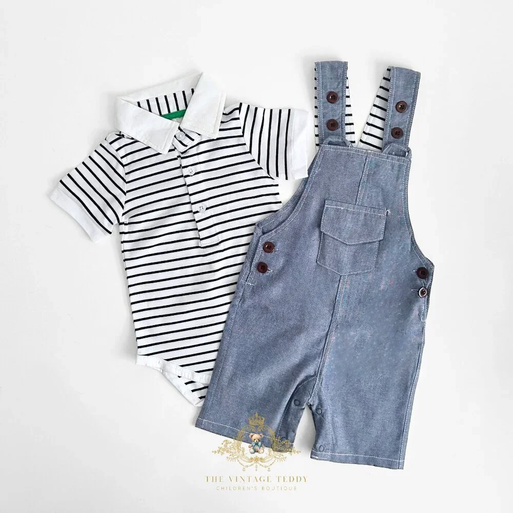 NWT Cute Boys Overalls Dungarees Onesie & Bucket Hat 3 Piece Matching Set 18-24M